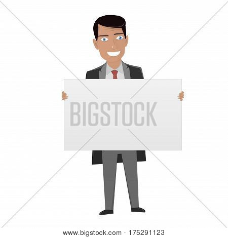 Man in the suit holding blank sign. White Board for business.
