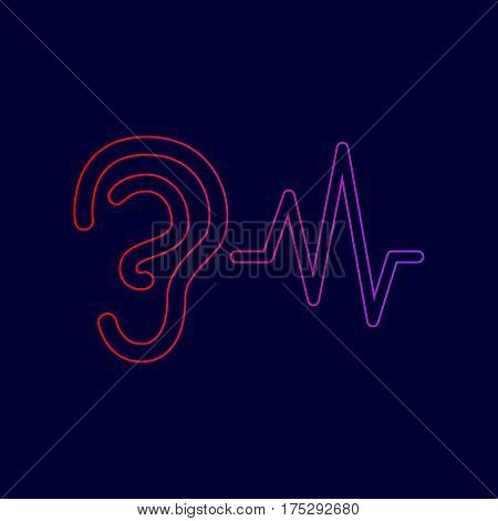 Ear hearing sound sign. Vector. Line icon with gradient from red to violet colors on dark blue background.