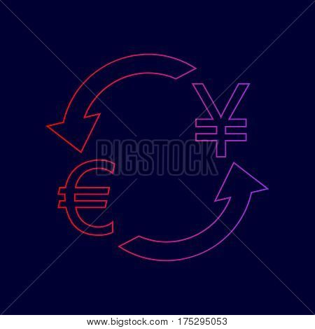 Currency exchange sign. Euro and Japan Yen. Vector. Line icon with gradient from red to violet colors on dark blue background.
