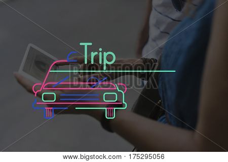 People Using Technology Digital Device with Car Icon Graphic