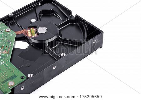 internal harddisk drive is the data storage for the digital data computer (close up) on white background  harddisk technology isolated