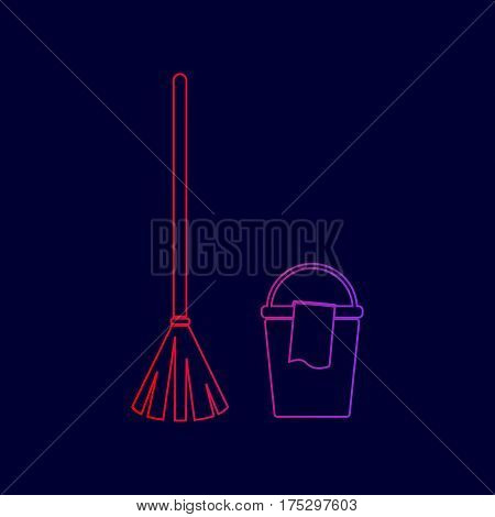 Broom and bucket sign. Vector. Line icon with gradient from red to violet colors on dark blue background.