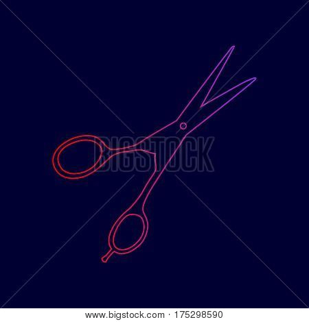 Hair cutting scissors sign. Vector. Line icon with gradient from red to violet colors on dark blue background.