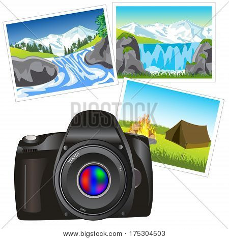 Digital photo camera and picture of the nature on white background