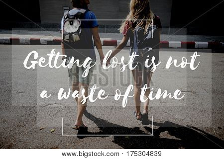 Friends Travel Backpacker Journey with Quote Graphic