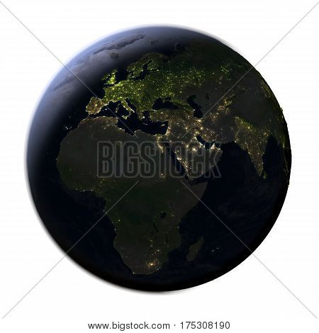 Emea Region On Earth At Night Isolated On White