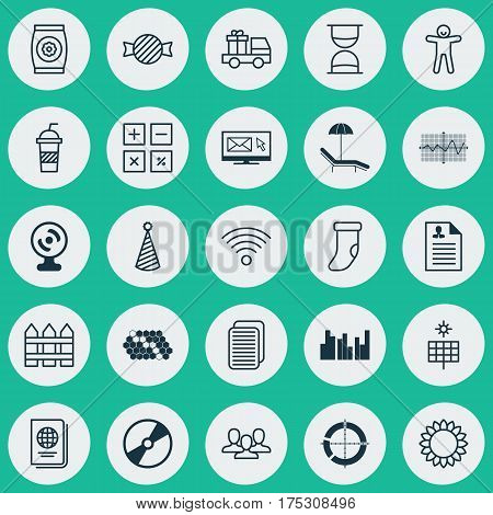 Set Of 25 Universal Editable Icons. Can Be Used For Web, Mobile And App Design. Includes Elements Such As Hourglass, Birthday Hat, Soda And More.