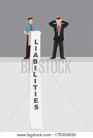 Cartoon businessman stressed out by long list of liabilities. Creative vector illustration on liability problem metaphor.