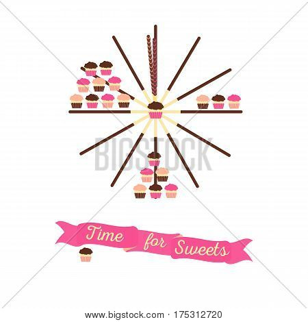 Time for sweets concept with a clock formed by pocky pepero sticks and cupcakes. Stock vector illustration for sweet lover and sugar affection