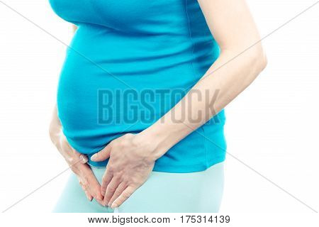 Pregnant Woman With Hands On Her Stomach, Pregnancy Health Care And Bladder Aches