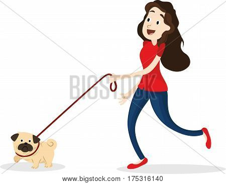 Cartoon funny woman walking with dog isolated