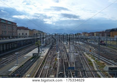 Aerial view of Bologna Centrale train station in italy.