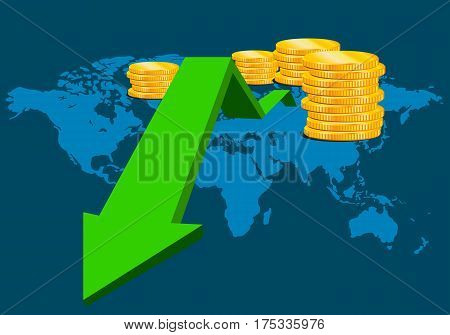 Economic decline, gold coins with a green down arrow on a blue background with a map of the world continents. Vector illustration.