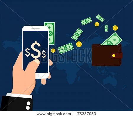 Sending money from via mobile phone. Vector illustration.