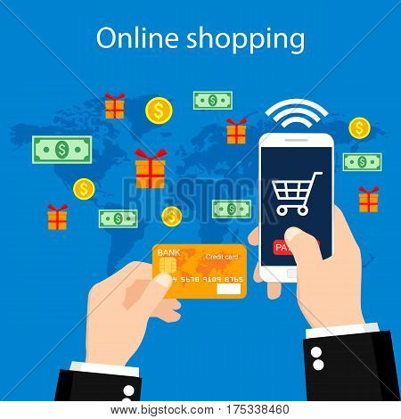 E-commerce, pay online and online shopping concept. Vector illustration.