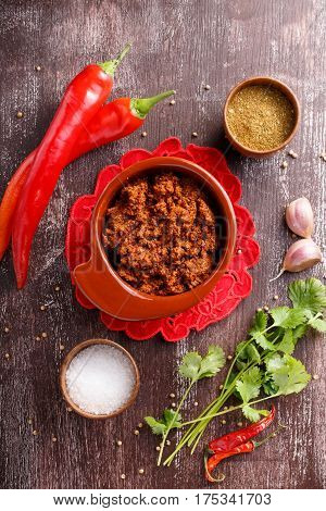 Adjika or ajika Hot spicy flavored sauce Georgian cuisine Top view