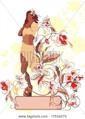 Chica moderna sobre fondo floral con espacio para texto, vector illustration