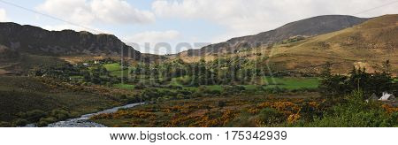 Some Trees and Little Mountains with a River in an Irish Countryside