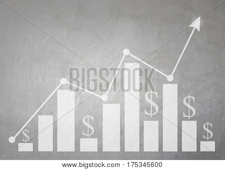 Business bar graph and grow arrow on cement wall background for performance measurement idea.