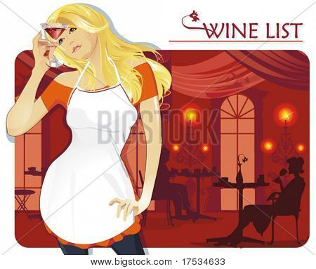 La bella ragazza tecnologo cuoca e cameriera. Vector Chef menu.