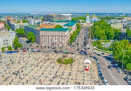KIEV UKRAINE - APRIL 29 2016: The aerial view on the two central squares during Easter Fair on April 29 in Kiev