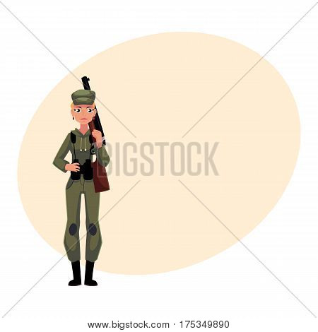 Slim, beautiful woman hunter in khaki, camouflage military style hunting clothes with a rifle, cartoon vector illustration with place for text. Full length portrait of modern woman hunter