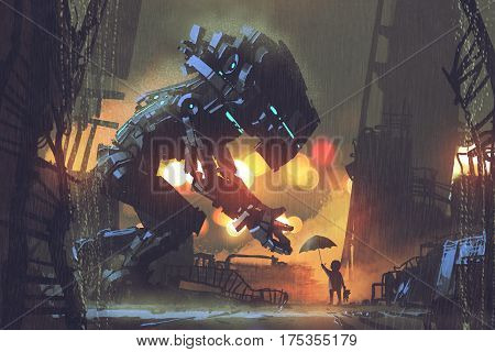 kid giving umbrella to giant robot in the rainy night, illustration painting