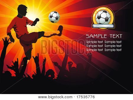 Futebolista de ação. Bola de futebol com silhuetas de multidão de fãs do esporte. Vector fundo futebol w