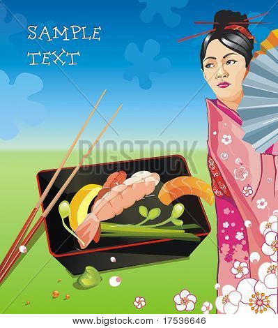 日本の美しい女性は、味噌汁を楽しんでいます。シーフード セット - チョップの棒と伝統的な日本料理