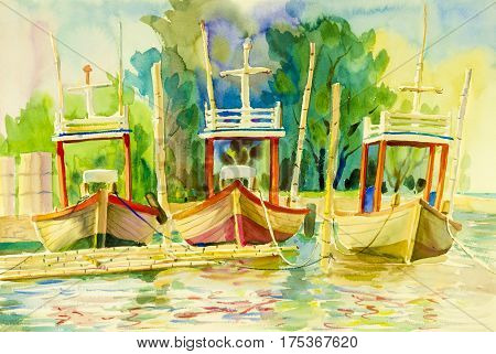 Watercolor seascape original painting on paper colorful of fishing boat and emotion in tree sky cloud background.  Hand painted Impressionist, abstract image,illustration,  nature summer season.