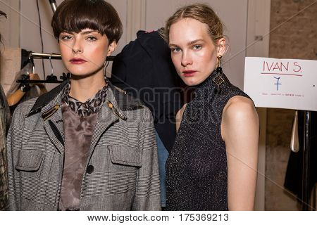 MILAN ITALY - FEBRUARY 25: Gorgeous models pose in the backstage just before Cividini show during Milan Women's Fashion Week on FEBRUARY 25 2017 in Milan.