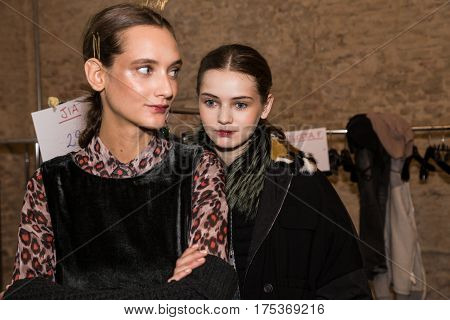 MILAN ITALY - FEBRUARY 25: Gorgeous models pose in the backstage just before Cividini show during Milan Women's Fashion Week on FEBRUARY 25 2017 in Milan.