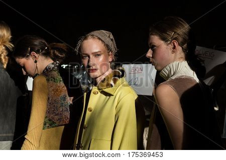 MILAN ITALY - FEBRUARY 25: Gorgeous models pose in the backstage just before Cividini show during Milan Women's Fashion Week on FEBRUARY 25 2017 in Milan.