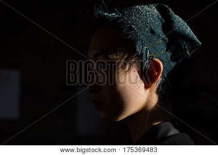 MILAN ITALY - FEBRUARY 25: Gorgeous model poses in the backstage just before Cividini show during Milan Women's Fashion Week on FEBRUARY 25 2017 in Milan.