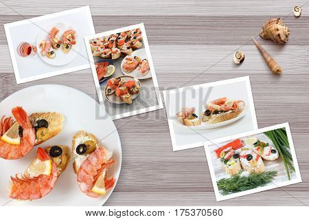 Beautiful snapshots of various italian sandwiches with seafood arranged on rustic wooden background with plates with food and seashells with copy space horizontal top view.