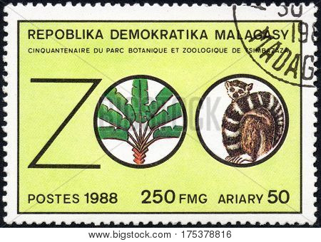A 2017: A stamp printed in Malagasy Madagascar devoted Fiftieth anniversary of the botanical and zoological park of Tsimbazaza circa 1988