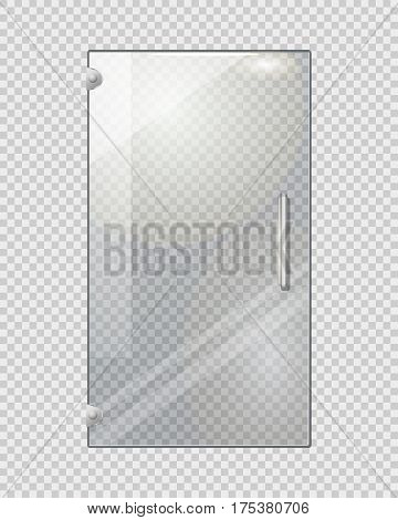 Transparent door isolated on grey checkered background. Vector illustration of isolated clear glass door with long doorhandle. Mock up decorative object of shops, boutiques for entrance and exit