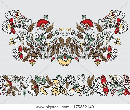 Stock Vector Flowers And Leaf Ornament. Oriental Or Russian Pattern.necklace Embroidery Design