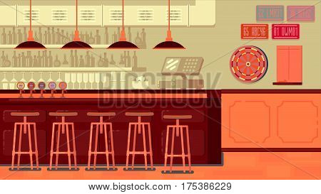 Bar Restaurant with counter in flat style. Vector banner of interior with bar counter, bar chairs and shelves with alcohol.