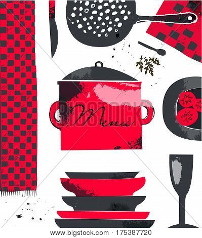 Vector restraurant, cafe menu design template. Hand drawn modern illustration with kitchenware.