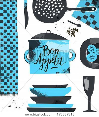 Vector restraurant, cafe menu design template, poster, card. Hand drawn modern illustration with kitchenware. Bon appetit