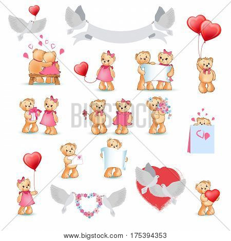 Teddy Bears collection on white. Toy presents for Valentine s Day vector poster. Bears holding greeting cards, red heart balloons, hugging, sitting on bench and doves with wreaths decorative elements