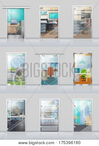 Transparent door set in checkered wall with view on study objects. Vector poster of glass doors and chairs, tables, computers, sofas, windows and other office equipments viewable through doors