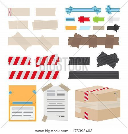 Set of different scotch tape on white background. Vector illustration can be used to stick documents, to protect box in post office, to fence dangerous territory from people, to decorate room.