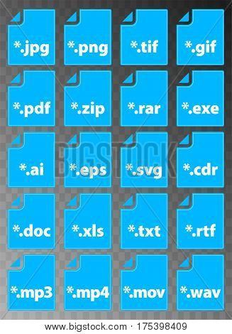 Collection of file type icons in blue rectangles on transparency background - vector illustration