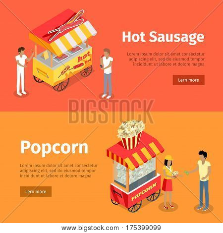 Hot sausage and popcorn mobile umbrella carts. Vector purchasing deal between people buying hotdogs on sticks and popcorn near thematically decorated colourful stalls on orange and yellow backgrounds.