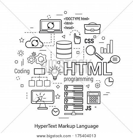 Vector Line Art Concept of html. Round monochrome banner for coding and web programming