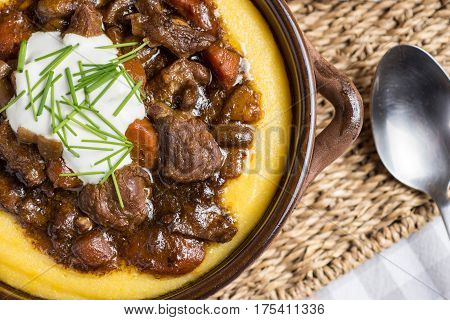 Beef Stew with Mushrooms Carrots and Corn Polenta
