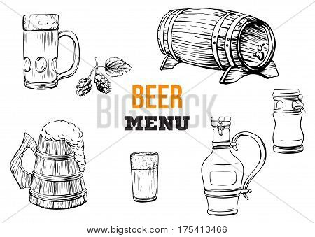 Beer menu elements in sketch hand drawn style including bottles, glasses, growle, pint, hop. Vector illustration