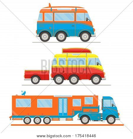 Cartoon transport set. Van with surfboard van with trailer campervan. Vector illustration.